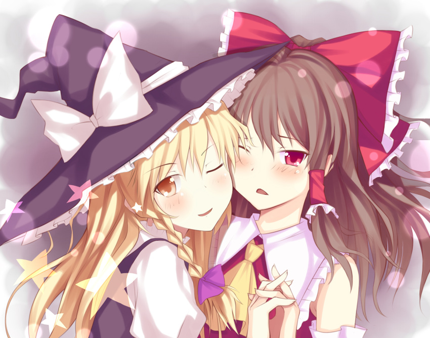 2girls ascot bad_id bad_pixiv_id blonde_hair blush bow brown_eyes hair_tubes hairbow hakurei_reimu hat hat_bow highres holding_hands interlocked_fingers kirisame_marisa long_hair multiple_girls mushroom_(artist) one_eye_closed open_mouth red_eyes short_hair star_(symbol) touhou white_bow witch_hat yellow_eyes