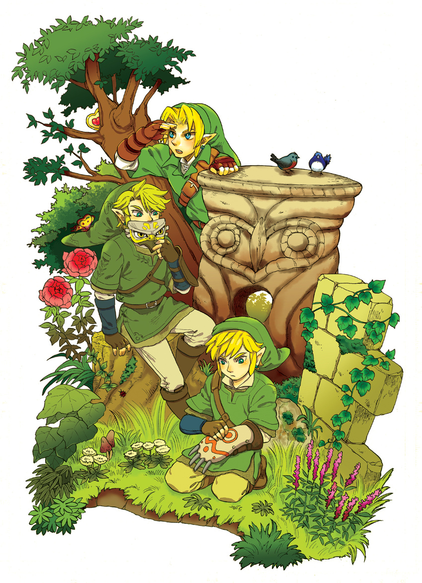 3boys belt blonde_hair blue_eyes commentary_request earrings flower gloves hat heart highres jewelry link male_focus mask multiple_boys multiple_persona piece_of_heart pointy_ears rito_(kinokosoup) the_legend_of_zelda the_legend_of_zelda:_ocarina_of_time the_legend_of_zelda:_skyward_sword the_legend_of_zelda:_twilight_princess