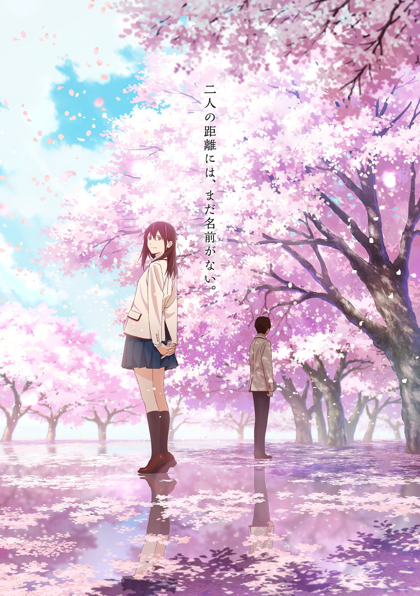 1boy blue_skirt blue_sky brown_eyes brown_hair brown_jacket brown_pants cherry_blossoms closed_mouth cloud cloudy_sky copyright_name female full_body highres jacket kimi_no_suizou_wo_tabetai lee_si-min long_hair long_sleeves official_art outdoors pants petals pleated_skirt reflection reflective_floor reflective_surface scan school_uniform shiga_haruki short_hair skirt sky smile standing tree yamauchi_sakura