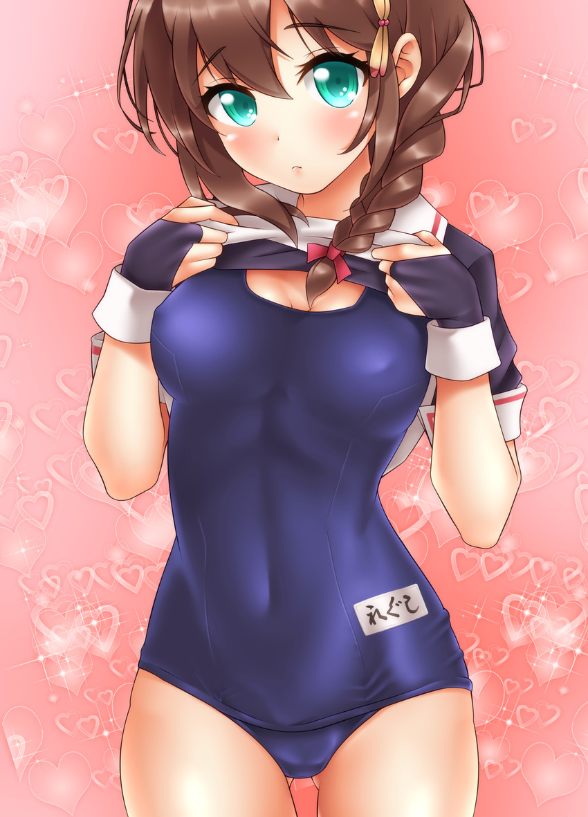 absurdres aqua_eyes ass_visible_through_thighs blue_eyes blue_one-piece_swimsuit blush braid breasts brown_hair clothes_lift commentary_request covered_navel covered_nipples cowboy_shot female fingerless_gloves gloves hair_flaps hair_ornament hair_over_shoulder hair_ribbon heart heart_background highres kantai_collection lifting_own_clothes looking_at_viewer medium_breasts name_tag neckerchief old_school_swimsuit one-piece_swimsuit oooqqq pink_background ribbon school_swimsuit school_uniform serafuku shigure_(kancolle) shigure_kai_ni_(kancolle) shirt_lift single_braid solo swimsuit swimsuit_under_clothes