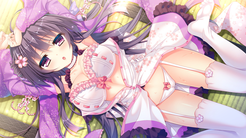 arms_up black_hair bow bow_bra bow_panties bra breasts cameltoe choker cleavage collarbone female from_above game_cg garter_straps highres large_breasts long_hair looking_at_viewer love_love_sisters lying nae-nae official_art on_back open_clothes open_mouth panties purple_eyes sarusuberi_misatoko solo sweat thighhighs underwear white_bra white_panties white_thighhighs