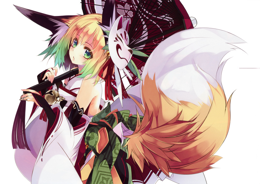 absurdres animal_ears bare_shoulders bell blonde_hair bridal_gauntlets detached_sleeves female fox_ears fox_mask fox_tail gradient_hair green_eyes green_hair hair_ornament hair_ribbon highres holding japanese_clothes looking_at_viewer mask multicolored_hair obi oil-paper_umbrella open_mouth original pleated_skirt ribbon sash shirokitsune shiroro simple_background skirt solo tail umbrella white_background wide_sleeves