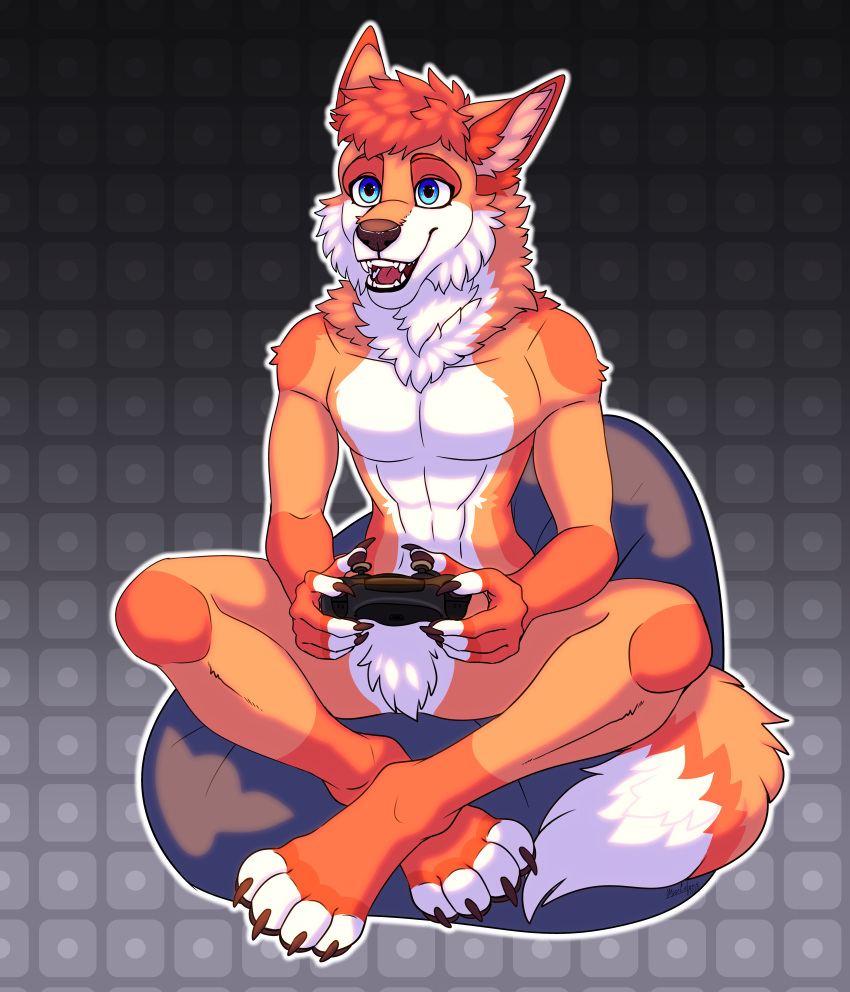 5_fingers absurd_res anthro bean_bag blue_bean_bag blue_eyes brown_claws brown_nose brown_pawpads canid canine claws controller countershading crotch_tuft dipstick_tail feet fingers fur gaming head_tuft hi_res holding_controller holding_object male mammal markings mischefous mykhailo_starysh neck_tuft open_mouth open_smile orange_body orange_fur pawpads sitting smile solo tail tail_markings teeth toeless_(marking) tongue tuft white_body white_countershading white_fur