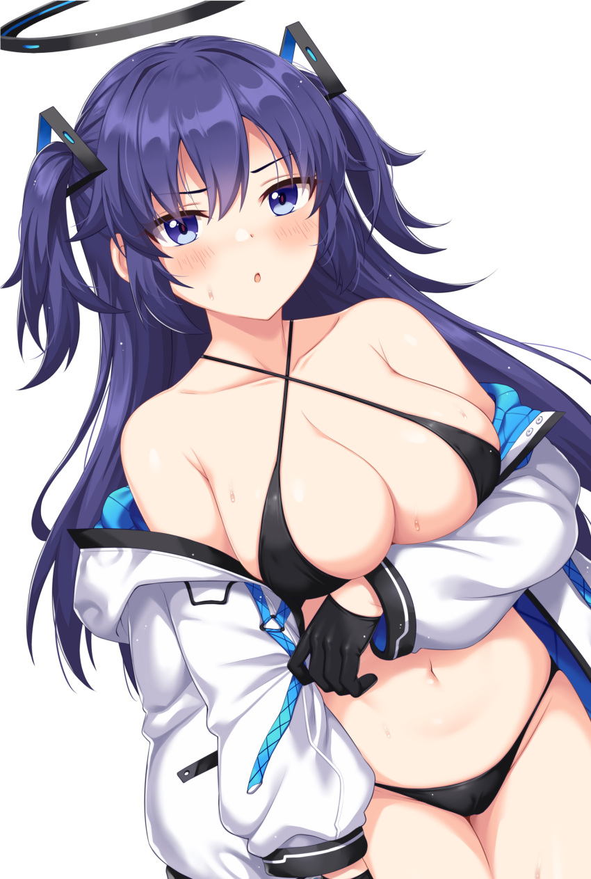 bare_shoulders bikini black_bikini black_gloves blue_archive blue_eyes blue_hair blush breasts cleavage collarbone female gloves hair_ornament halo highres horosuke jacket large_breasts long_hair long_sleeves looking_at_viewer navel off_shoulder open_clothes open_jacket open_mouth sidelocks simple_background solo sweat swimsuit two_side_up white_background white_jacket yuuka_(blue_archive)