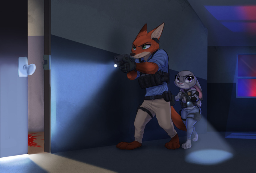 2021 anthro blood bodily_fluids bulletproof_vest canid canine clothing disney duo female flashlight fox glock glock_17 gun hallway handgun hoodie judy_hopps lagomorph law_enforcement leporid male male/female mammal nick_wilde pistol police police_lights police_officer psakorn_tnoi rabbit ranged_weapon red_fox tactical_gear topwear true_fox weapon zootopia