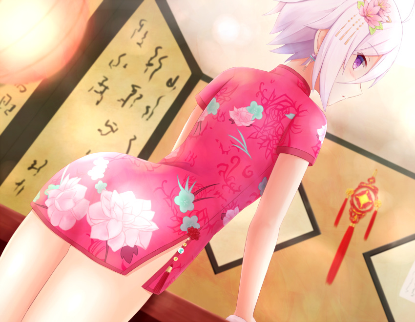 china_dress chinese_clothes cowboy_shot dress dutch_angle female flower hair_flower hair_ornament highres itomi_sayaka looking_at_viewer looking_back natsu_(927013) parted_lips pink_dress pink_flower print_dress purple_eyes short_dress short_hair short_sleeves side_slit solo toji_no_miko white_hair