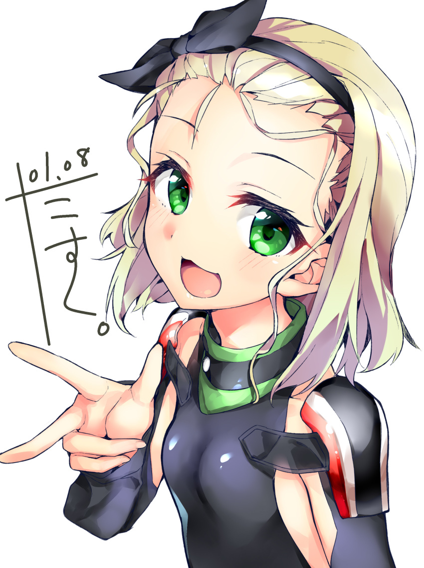 absurdres arm_warmers bad_id bad_pixiv_id black_hairband blonde_hair bodysuit commentary_request dated diving_suit duplicate female flat_chest hairband highres kantai_collection looking_at_viewer luigi_torelli_(kancolle) narumiya_(empty_cafe) open_mouth pixel-perfect_duplicate short_hair signature simple_background sleeveless smile solo uit-25_(kancolle) upper_body wetsuit white_background