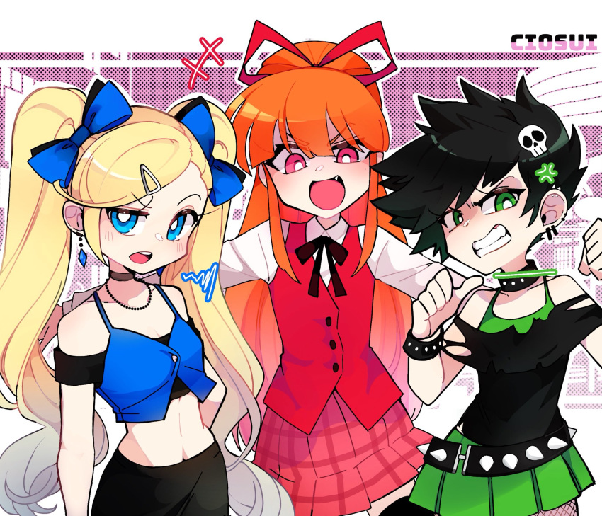 3girls alternate_universe anger_vein angry bare_shoulders berserk_(ppg) black_hair blonde_hair blue_bow blue_eyes bow bracelet brat_(ppg) breasts bright_pupils brute_(ppg) buttons ciosuii clenched_teeth collar english_commentary green_eyes green_skirt hair_ornament hairbow hairclip highres jewelry looking_at_viewer multiple_girls navel oerba_yun_fang open_mouth orange_hair pleated_skirt ponytail powerpuff_girls red_eyes red_vest short_hair skirt small_breasts spiked_hair standing teeth twintails vest white_pupils