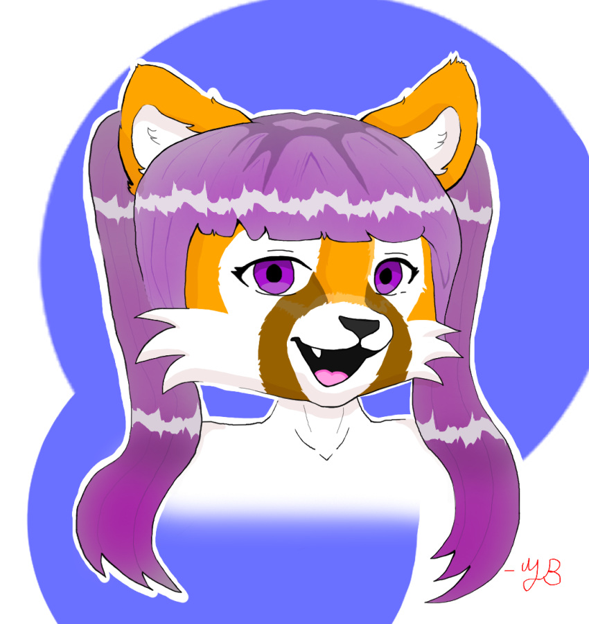 ailurid anthro blue_background brown_body brown_fur female fur hair mammal purple_eyes purple_hair red_body red_fur red_panda simple_background solo twintails white_body white_fur yeetboi420z