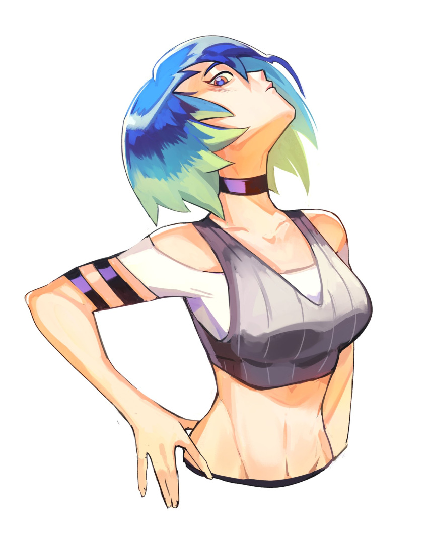 armband bare_shoulders black_armband black_choker black_shirt blue_hair bob_cut breasts brown_eyes choker collarbone crop_top female firebay gradient_hair grey_shirt grey_sports_bra highres loose_hair_strand midriff multicolored_hair navel off-shoulder_shirt off_shoulder perrin_(pokemon) pokemon pokemon_sv ribbed_shirt shirt sleeveless sleeveless_shirt sports_bra undershirt v-neck