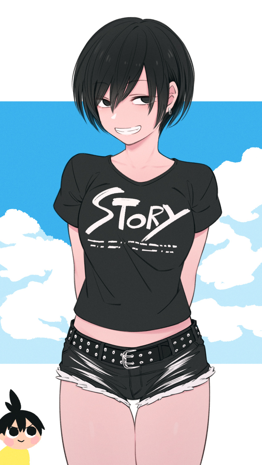 1boy absurdres arms_behind_back black_hair black_shirt black_shorts breasts clothes_writing cloud commentary_request crop_top cropped_shirt day denim denim_shorts ear_piercing female grin hair_between_eyes highres kemuri_haku legs_together looking_at_viewer midriff_peek natsumon! outdoors piercing satoru_(natsumon!) shirt short_hair short_shorts short_sleeves shorts sky smile solo_focus standing t-shirt yellow_shirt yoshiko_(natsumon!)