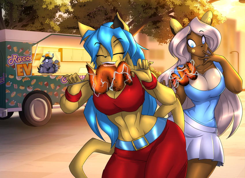 anthro armadillo big_breasts blue_hair bottomwear breasts clothing commercial_vehicle delivery_(commerce) delivery_vehicle eating electric_eel electricity female finger_fetish finger_lick finger_play fingers fish food_truck generation_1_pokemon hair hybrid knifefish licking mammal marine medium_truck miniskirt multi-stop_van naked-back_knifefish navel nintendo pikachu pokemon pokemon_(species) procyonid raccoon racoonadillo raichu skirt tongue tongue_out toughset truck_(vehicle) van vehicle white_hair wristband xenarthran