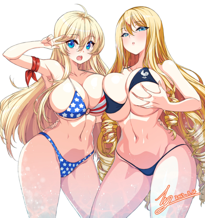 2girls :o ahoge american_flag american_flag_bikini american_flag_print aqua_eyes bikini blonde_hair blue_eyes breast_hold breasts charlotte_(last_origin) cleavage collarbone commission contrapposto cowboy_shot curly_hair dot_nose drill_hair english_commentary flag_print forehead grabbing grabbing_own_breast hair_between_eyes hand_on_another's_hip hand_up harpyia_(last_origin) highres huge_breasts last_origin legs_apart long_hair looking_at_viewer multiple_girls navel o-ring open_mouth pixiv_commission print_bikini rantia reflection reflective_water signature simple_background swimsuit teeth thighs upper_teeth_only w white_background