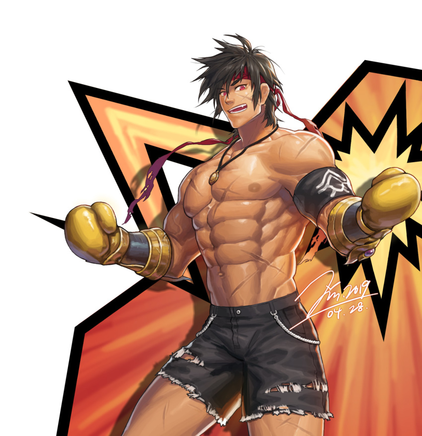 1boy abs boxing_gloves brown_hair chinese_commentary commentary dungeon_and_fighter fighter_(dungeon_and_fighter) hachimaki headband highres jewelry jin_(sirius-j) large_pectorals male_brawler_(dungeon_and_fighter) male_fighter_(dungeon_and_fighter) male_focus muscular muscular_male navel necklace nipples oerba_yun_fang pectorals scar short_shorts shorts smile solo striker_(dungeon_and_fighter) topless_male torn_clothes