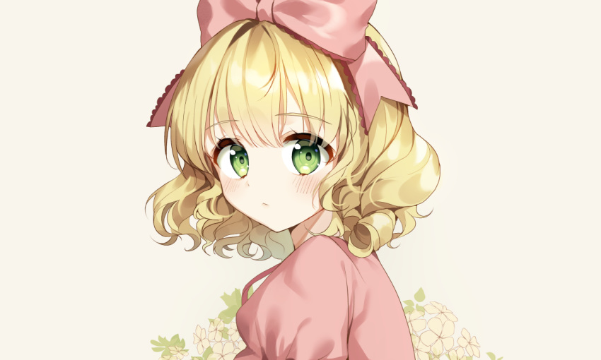 blonde_hair blush bow closed_mouth female flower from_side green_eyes hairbow hinaichigo looking_at_viewer looking_to_the_side pink_bow puffy_sleeves rozen_maiden short_hair sigi solo tareme upper_body wavy_mouth