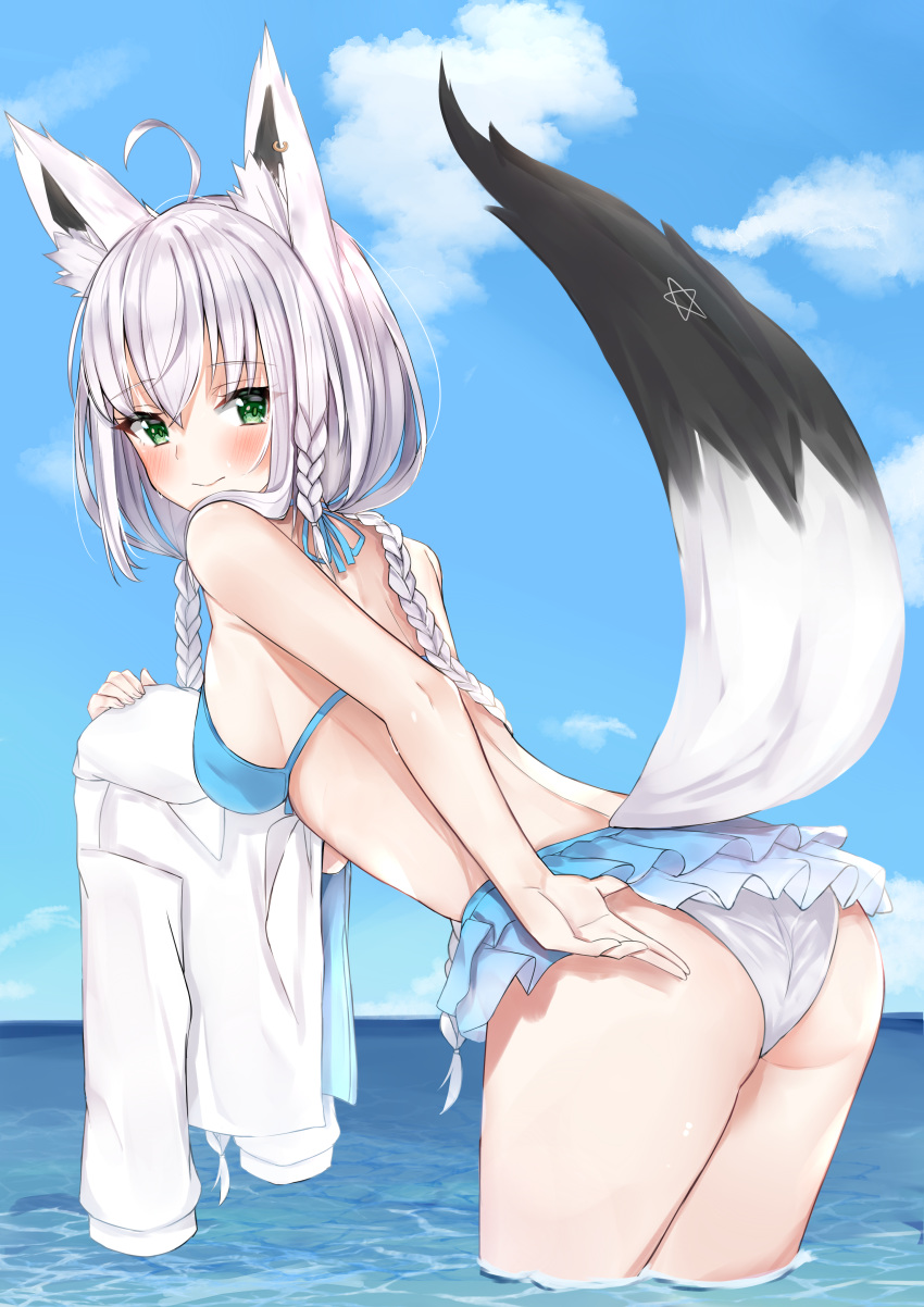 absurdres ahoge animal_ears ass back bare_arms bare_shoulders bikini bikini_skirt blue_bikini blue_sky blush braid breasts commentary day female fox_ears fox_girl fox_tail from_behind halterneck highres holding holding_clothes holding_shirt hololive horizon leaning_forward long_hair looking_at_viewer looking_back medium_breasts multiple_braids nemun_(tamizzz) ocean outdoors shirakami_fubuki shirakami_fubuki_(hololive_summer_2019) shirt sideboob sky solo swimsuit tail unworn_shirt very_long_hair virtual_youtuber wading water white_hair