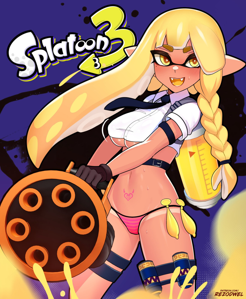 artist_name ass_visible_through_thighs bad_id bad_twitter_id bikini black_background blonde_hair blue_background blush breasts colored_tongue condom condom_belt crop_top dark-skinned_female dark_skin fangs female gloves heavy_splatling_(splatoon) highres holding holding_weapon ink_tank_(splatoon) inkling inkling_girl inkling_player_character large_breasts long_hair looking_at_viewer mole mole_under_eye multiple_condoms navel necktie open_mouth panties patreon_username pink_panties pointy_ears pubic_tattoo rezodwel shirt smile solo splatoon_(series) standing striped_clothes striped_panties sweat sweatdrop swimsuit tattoo tentacle_hair thigh_strap thong thong_bikini underboob underwear used_condom weapon white_shirt yellow_eyes yellow_tongue