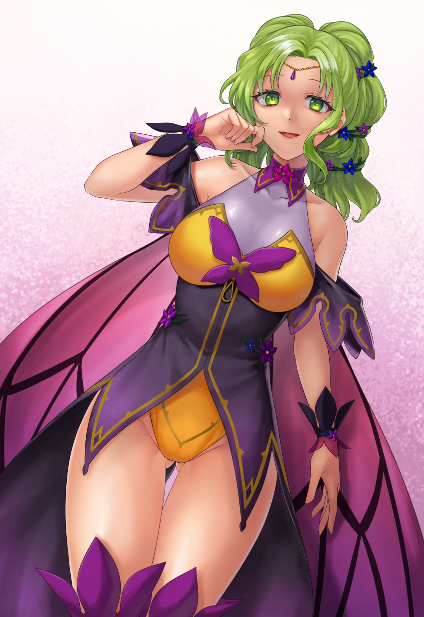 absurdres ass_visible_through_thighs breasts circlet collar collarbone collared_leotard commission female fire_emblem fire_emblem:_the_sacred_stones fire_emblem_heroes flower gradient_background green_eyes green_hair groin hair_flower hair_ornament hand_on_own_cheek hand_on_own_face hazuki_(nyorosuke) highleg highleg_leotard highres l'arachel_(fire_emblem) l'arachel_(resplendent)_(fire_emblem) large_breasts leotard long_hair looking_at_viewer official_alternate_costume purple_thighhighs showgirl_skirt simple_background skeb_commission sleeveless_turtleneck_leotard smile smug solo thighhighs