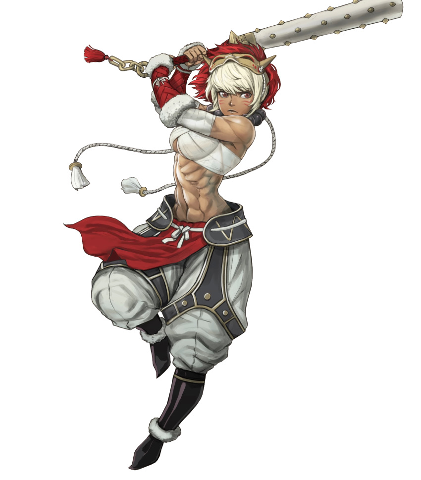 abs bandaged_arm bandages bare_shoulders biceps boots breasts closed_mouth club_(weapon) dark-skinned_female dark_skin facial_mark female fire fire_emblem fire_emblem_fates fire_emblem_heroes full_body fur_trim highres holding holding_weapon kanabou kusakihara_toshiyuki lips mask mask_on_head medium_breasts midriff muscular muscular_female navel non-web_source obliques official_art pants rinkah_(fire_emblem) sarashi solo spiked_club stomach transparent_background weapon