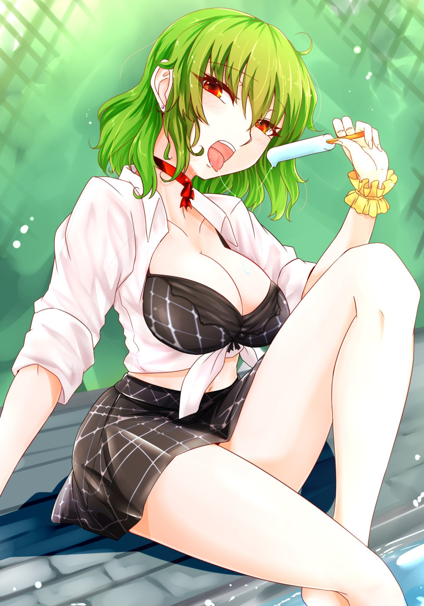 bikini black_bra black_skirt bra breasts choker cleavage collar commentary_request female food frills green_background green_hair hair_between_eyes highres holding holding_food itocoh kazami_yuuka large_breasts legs looking_at_viewer melting navel open_clothes open_mouth open_shirt plaid plaid_skirt poolside popsicle red_choker red_collar red_eyes revealing_clothes saliva saliva_trail sexually_suggestive shirt sitting skirt sleeves_rolled_up solo swimsuit thighs tied_shirt tongue tongue_out torn_bra torn_clothes touhou underwear water white_shirt