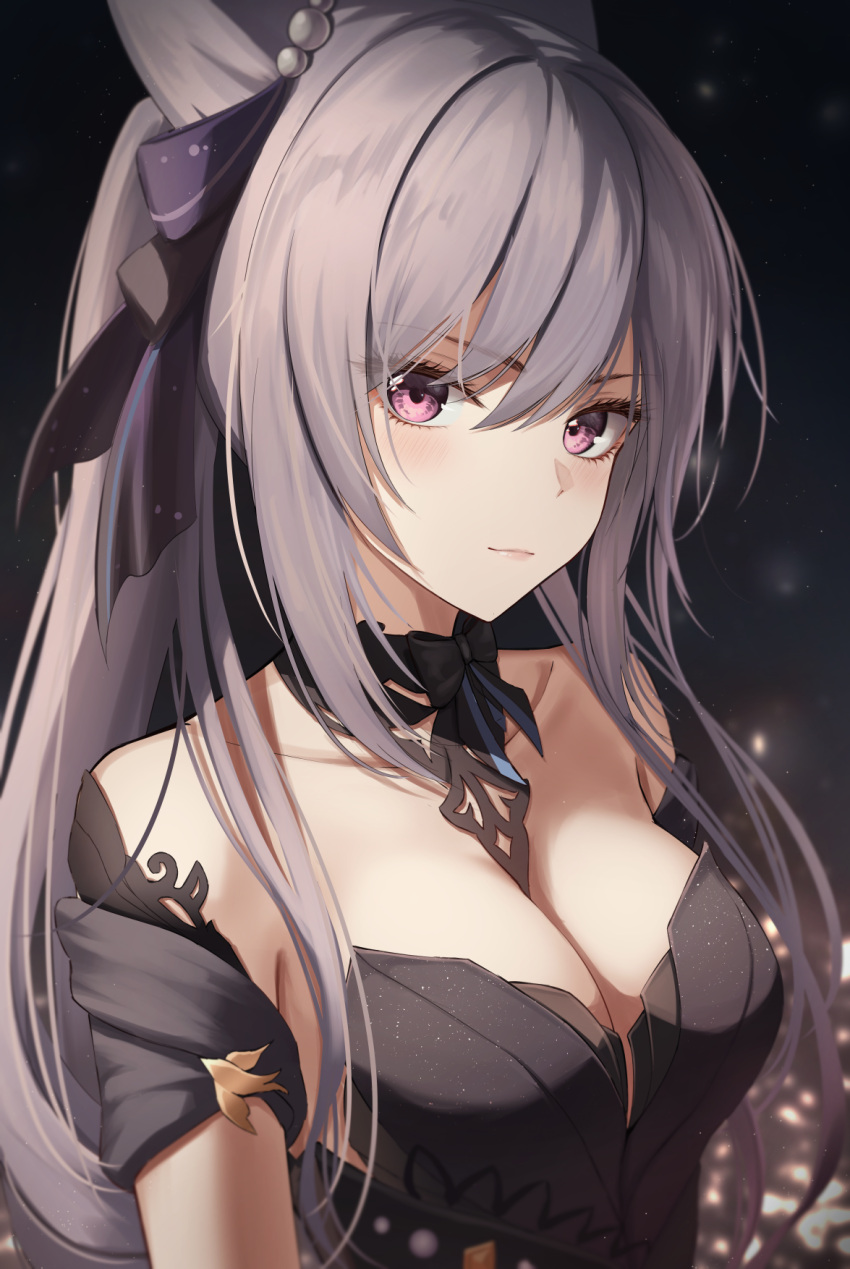 bare_shoulders black_bow black_dress bow breasts cleavage closed_mouth collarbone cone_hair_bun detached_collar detached_sleeves dress english_commentary female genshin_impact hair_bun hair_ornament hair_ribbon highres keqing_(genshin_impact) keqing_(opulent_splendor)_(genshin_impact) long_hair looking_at_viewer marinesnow medium_breasts purple_eyes purple_hair ribbon solo strapless strapless_dress twintails upper_body