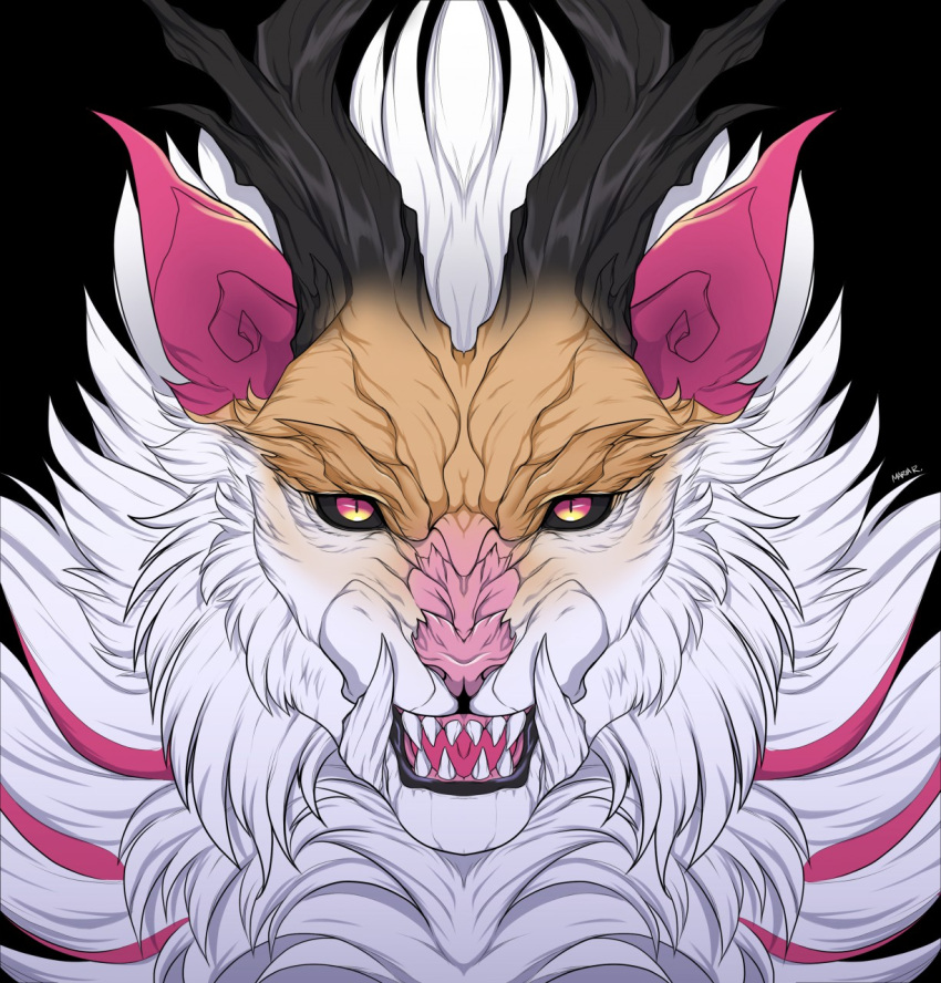 artist_name black_background black_sclera conditional_dnp fur headshot_portrait hi_res horn looking_at_viewer mammal nyx_(wolfbane154) open_mouth pink_eyes pink_inner_ear pink_nose portrait sharp_teeth simple_background solo tan_body tan_fur teeth white_body white_fur wolfbane154