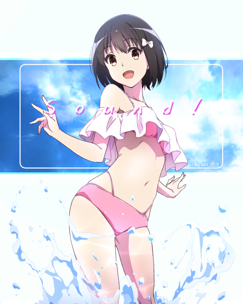 :d bikini black_hair bow breasts commentary_request female gekijouban_hibike!_euphonium hairbow hibike!_euphonium highres hisaishi_kanade looking_at_viewer medium_breasts navel nii_manabu open_mouth pink_bikini short_hair smile solo standing swimsuit water white_bow yellow_eyes