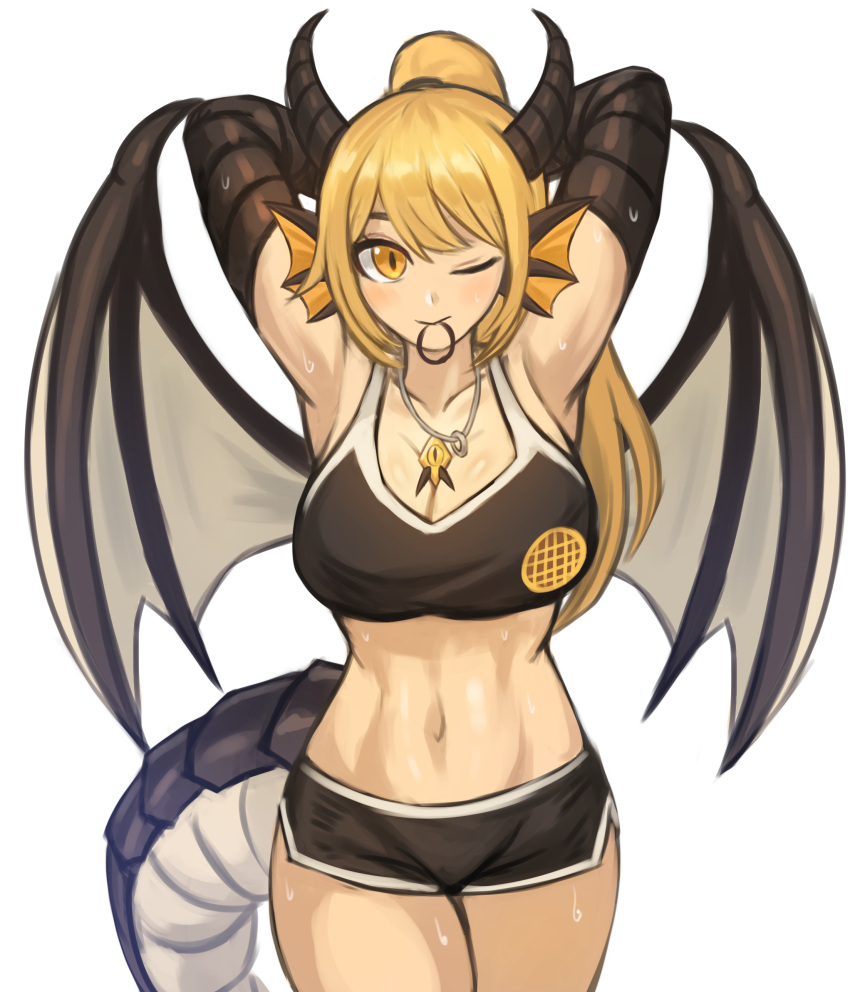 abs absurdres armpits arms_behind_head arms_up blonde_hair breasts cleavage collarbone commentary commission cowboy_shot crop_top dolphin_shorts dragon_(monster_girl_encyclopedia) dragon_girl dragon_tail dragon_wings english_commentary female fins hair_between_eyes hair_tie_in_mouth head_fins highres horns large_breasts long_hair looking_at_viewer midriff monster_girl monster_girl_encyclopedia mouth_hold navel one_eye_closed orange_eyes pixiv_commission ponytail scales shorts solo sookmo sweat tail tying_hair wings