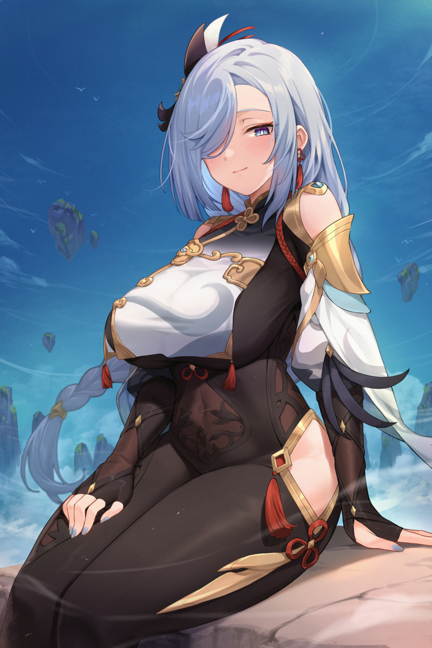 black_gloves blue_eyes blue_sky blush bodysuit braid breasts clothing_cutout covered_navel elbow_gloves female genshin_impact gloves hair_ornament hair_over_one_eye highres hip_vent large_breasts long_hair long_sleeves looking_at_viewer low-braided_long_hair low-tied_long_hair partially_fingerless_gloves puffy_long_sleeves puffy_sleeves shenhe_(genshin_impact) shoulder_cutout sitting sky smile solo tabard tassel thighs try_(lsc) very_long_hair white_hair