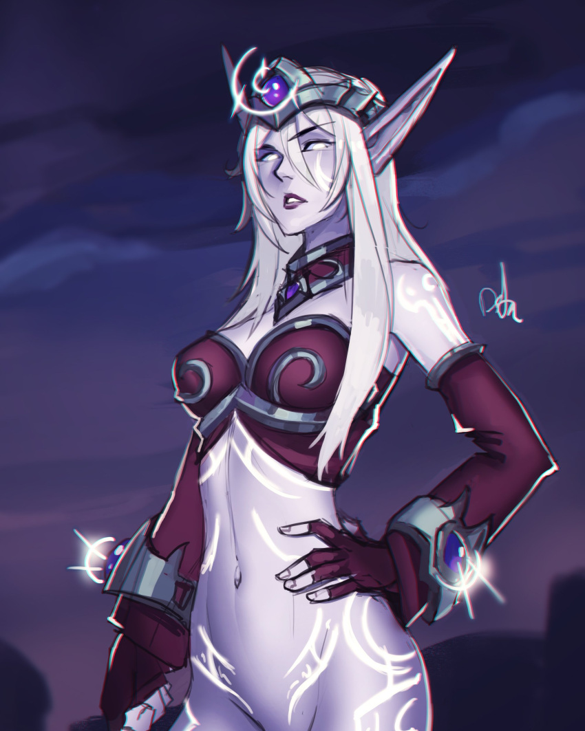 absurdres boobplate bottomless breasts colored_skin crown detached_sleeves distr elf female fingerless_gloves fingernails gloves grey_skin hand_on_own_hip highres long_sleeves looking_at_viewer mage_(warcraft) medium_hair navel night_elf_(warcraft) nightborne out-of-frame_censoring parted_lips player_character_(wow) pointy_ears red_gloves solo warcraft world_of_warcraft