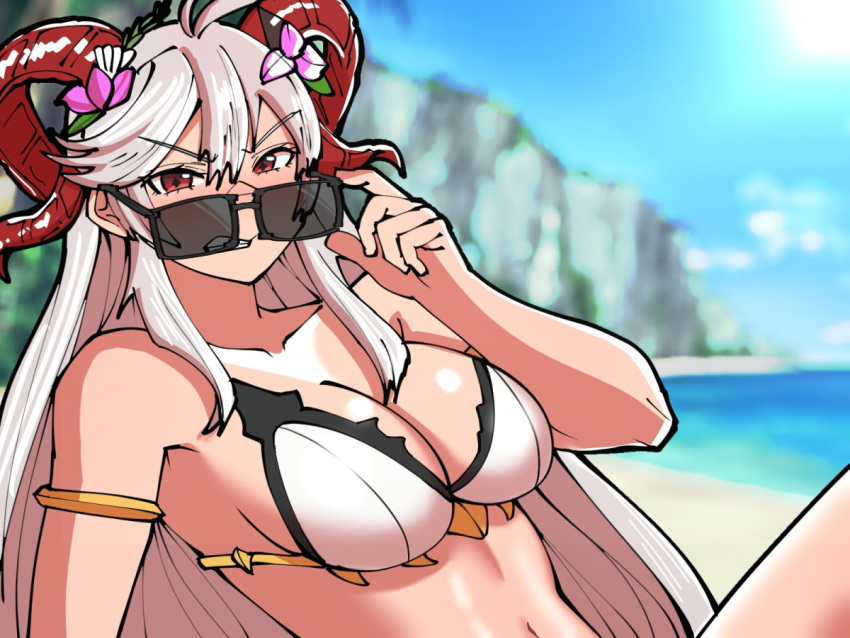 adjusting_eyewear angry antenna_hair armlet bare_shoulders beach bikini blue_sky blurry blurry_background breasts cleavage clenched_teeth collarbone curled_horns day diamond-shaped_pupils diamond_(shape) english_commentary female fire_emblem fire_emblem_heroes freyja_(fire_emblem) freyja_(summer)_(fire_emblem) goat_horns grey_hair hair_between_eyes horns large_breasts long_hair looking_at_viewer mnejing30 navel official_alternate_costume outdoors red_eyes red_horns sidelocks sky solo sunglasses swimsuit symbol-shaped_pupils teeth v-shaped_eyebrows very_long_hair white_bikini