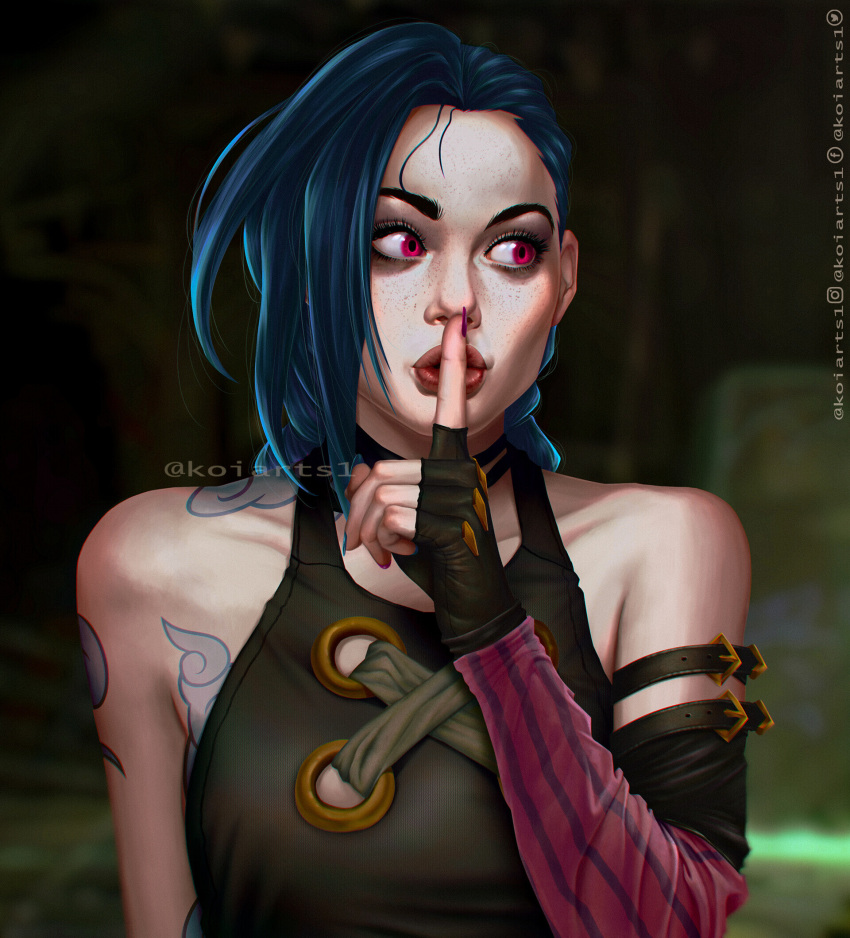 arcane:_league_of_legends arcane_jinx arm_tattoo artist_name asymmetrical_bangs bare_shoulders black_choker blurry blurry_background braid brown_gloves brown_shirt choker cloud_tattoo collarbone detached_sleeves female finger_to_mouth fingerless_gloves freckles gloves green_hair highres index_finger_raised jinx_(league_of_legends) koiarts league_of_legends long_hair pink_eyes pink_sleeves shirt sideways_glance solo striped_sleeves tattoo twin_braids