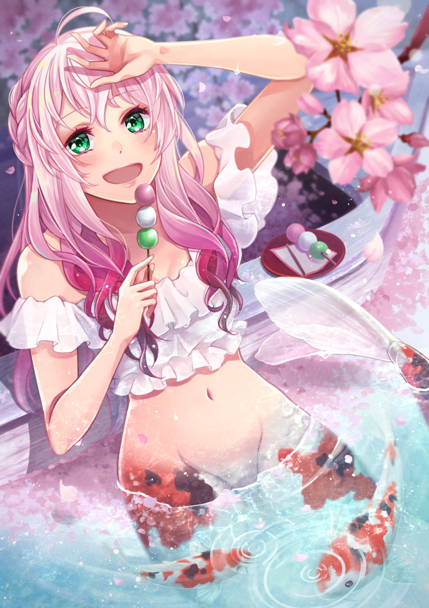 :d absurdres ahoge arm_up bare_shoulders blurry blurry_foreground blush boat braid breasts cherry_blossoms cleavage commentary_request cowboy_shot dango depth_of_field falling_petals female fish food frilled_shirt frills green_eyes groin hair_between_eyes hanami hand_on_own_head highres holding holding_food ichino_tomizuki koi leaning_on_object long_hair looking_at_viewer medium_breasts mermaid midriff monster_girl navel open_mouth original partially_submerged petals pink_hair plate ripples sanshoku_dango scales shadow shirt sidelocks skewer sleeveless sleeveless_shirt smile solo split_tail spring_(season) stomach wagashi water watercraft wet white_shirt