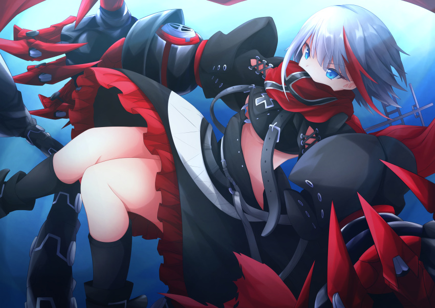 absurdres admiral_graf_spee_(azur_lane) azur_lane bandeau belt black_bandeau black_footwear black_skirt black_socks blue_background blue_eyes boots breasts buckle claw_(weapon) clawed_gauntlets claws combat_boots commentary_request covered_mouth cross eyebrows female frilled_skirt frills gauntlets highres holding holding_weapon iron_cross kneehighs knees_together_feet_apart leather leather_belt leather_boots long_scarf long_sleeves mechanical_tail medium_breasts medium_hair metal_gloves midriff multicolored_clothes multicolored_hair multicolored_skirt osatou_(soul_of_sugar) puffy_sleeves red_hair red_scarf red_skirt rigging scarf scarf_over_mouth short_hair sidelocks skirt socks solo strap streaked_hair tail thighs underboob weapon white_hair