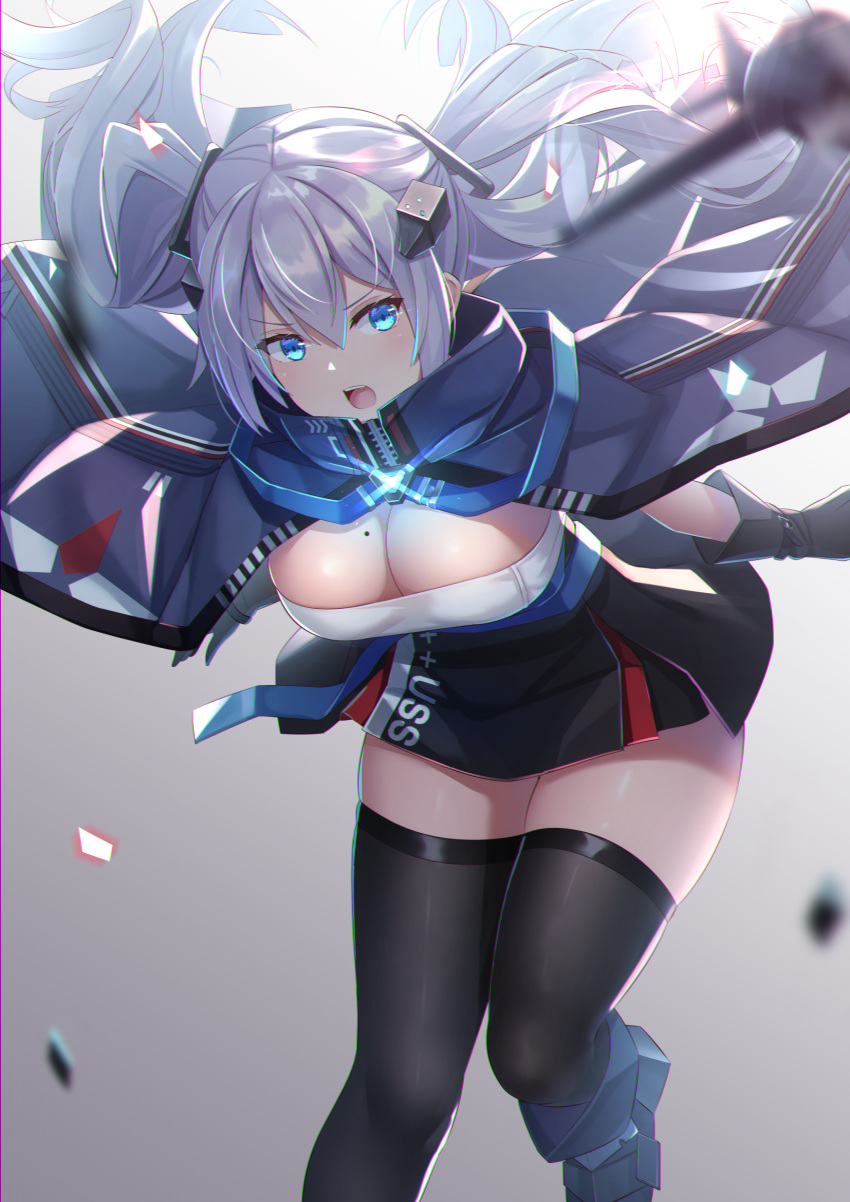 aircraft airplane azur_lane black_dress black_gloves black_thighhighs blue_cape blue_eyes blurry blurry_foreground breasts cape cleavage commentary cowboy_shot dress female floating_hair gloves glowing grey_background grey_hair hair_between_eyes hair_ornament highres intrepid_(azur_lane) large_breasts leaning_forward long_hair looking_at_viewer mirufuaa mole mole_on_breast open_mouth rudder_footwear sidelocks sleeveless sleeveless_dress solo standing standing_on_one_leg teeth thighhighs twintails upper_teeth_only very_long_hair zettai_ryouiki