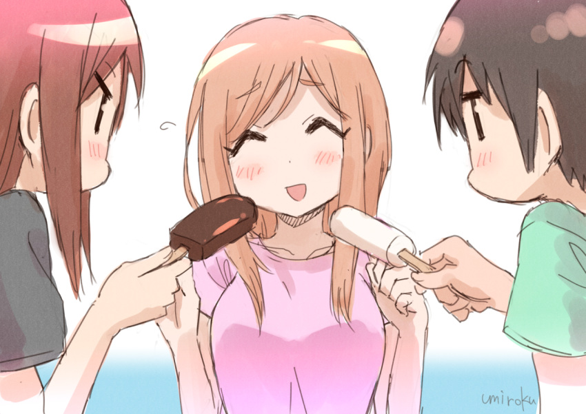 3girls :d ^_^ aikawa_chiho black_shirt blue_background blush breasts brown_hair closed_eyes collarbone commentary_request flying_sweatdrops food gradient_background green_shirt hair_between_eyes hands_up hasegawa_fumi holding holding_food ice_cream light_brown_hair long_hair medium_breasts multiple_girls okano_kei open_mouth pink_shirt profile shirt short_sleeves signature smile swept_bangs umiroku upper_body white_background yuyushiki