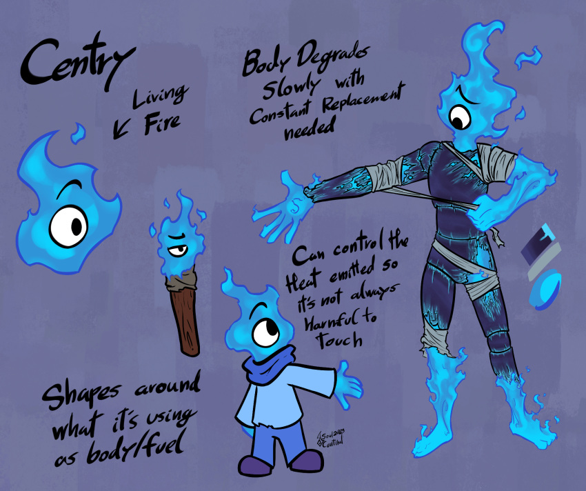 2023 bandage blue_fire centry_(soulcentinel) clothed clothing colored_fire elemental_creature elemental_humanoid english_text fire fire_creature grey_background hi_res humanoid looking_at_self male model_sheet mouthless signature simple_background solo soulcentinel standing text torch