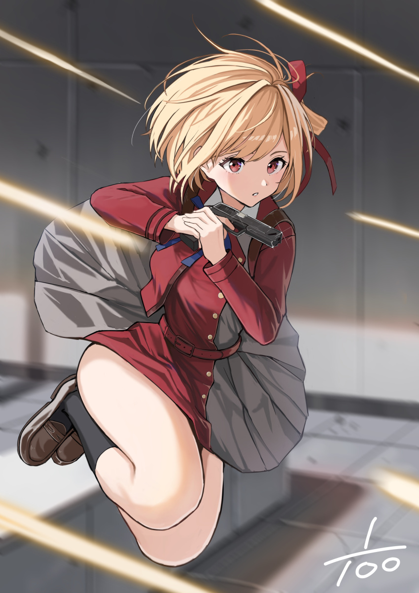 absurdres bad_id bad_twitter_id belt blonde_hair blue_ribbon blush bob_cut collared_shirt dress female grey_dress gun hair_ribbon handgun highres holding holding_gun holding_weapon hz_(helu_2) lycoris_recoil lycoris_uniform m1911 neck_ribbon nishikigi_chisato parted_lips pleated_dress red_belt red_dress red_eyes red_ribbon ribbon shirt shoes short_hair socks solo two-tone_dress weapon white_shirt