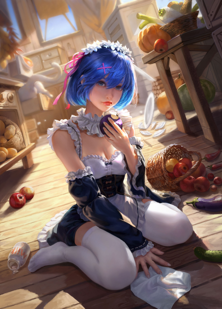 absurdres apple apron backlighting blue_hair bottle breasts cleavage commentary_request corset day detached_collar detached_sleeves dutch_angle eggplant feline female food fruit hair_ornament hair_ribbon highres jiayuan_song lips looking_at_viewer maid maid_headdress milk_bottle no_shoes nose plum re:zero_kara_hajimeru_isekai_seikatsu realistic rem_(re:zero) ribbon roswaal_mansion_maid_uniform short_hair small_breasts solo thighhighs vegetable waist_apron white_cat white_thighhighs x_hair_ornament zettai_ryouiki zucchini_(vegetable)