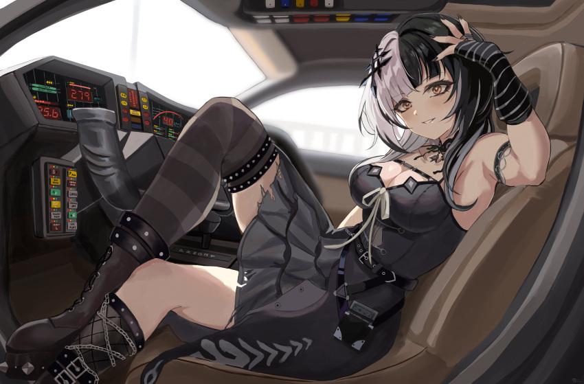 absurdres arm_warmers armlet armpits belt black_dress black_hair black_nails black_thighhighs boots breasts car car_interior choker cleavage dress female fingernails from_side grey_hair hair_ornament hand_on_own_head highres hololive hololive_english k.i.t.t knee_up knight_rider long_fingernails long_hair looking_at_viewer makeup mascara medium_breasts motor_vehicle multicolored_hair nail_polish open_mouth parted_lips shiori_novella shiori_novella_(1st_costume) single_thighhigh sitting sleeveless sleeveless_dress smile solo split-color_hair striped_clothes striped_thighhighs teeth thighhighs torn_clothes torn_dress virtual_youtuber yato_(yama0x1) yellow_eyes