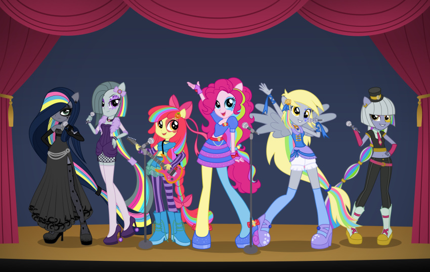 animal_humanoid apple_bloom_(eg) apple_bloom_(mlp) blonde_hair blue_eyes blue_hair clothing derpy_hooves derpy_hooves_(eg) dress electronics equestria_girls equid equine eye_tattoo eyeshadow facial_tattoo fan_character female friendship_is_magic fur green_eyes grey_body grey_fur grey_hair group hair hasbro hi_res highlights_(coloring) horse humanoid legwear limestone_pie_(mlp) long_hair makeup mammal marble_pie_(mlp) microphone minkie_pie muffins_(fanfic) my_little_pony mythological_creature mythological_equine mythology pegasus pink_body pink_fur pink_hair pinkie_pie_(eg) pinkie_pie_(mlp) pony purple_eyes red_hair reitanna-seishin stage stockings tattoo wings yellow_body yellow_eyes yellow_fur