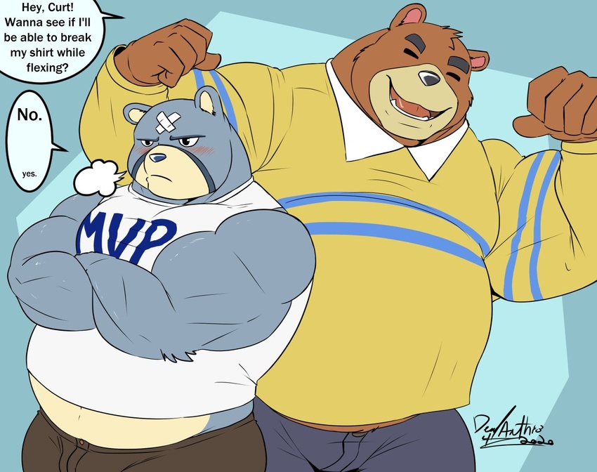 2020 animal_crossing anthro bear belly blush bottomwear brown_body brown_fur closed_eyes clothing curt_(animal_crossing) deadanthro duo english_text fur humanoid_hands male mammal nintendo overweight overweight_male pants shirt teddy_(animal_crossing) text text_on_clothing text_on_shirt text_on_topwear topwear