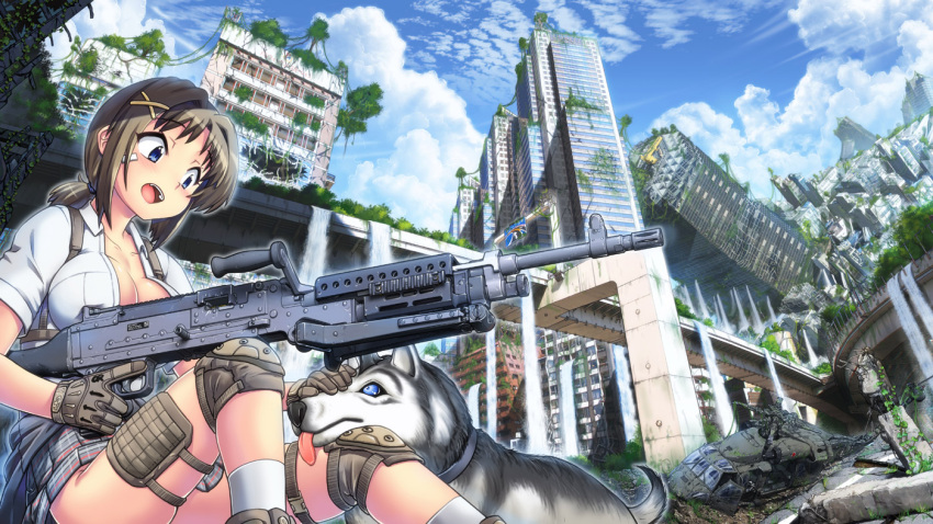 aircraft bipod blue_eyes blue_sky breasts brown_gloves brown_hair canine cloud damaged day female gloves grey_skirt gun hair_ornament hase_yu helicopter holding holding_gun holding_weapon husky knee_pads large_breasts low_ponytail m240 machine_gun miniskirt open_mouth original outdoors petting plaid plaid_skirt ruins shirt short_ponytail short_sleeves sitting skirt sky socks solo trigger_discipline uh-60_blackhawk weapon white_shirt white_socks x_hair_ornament