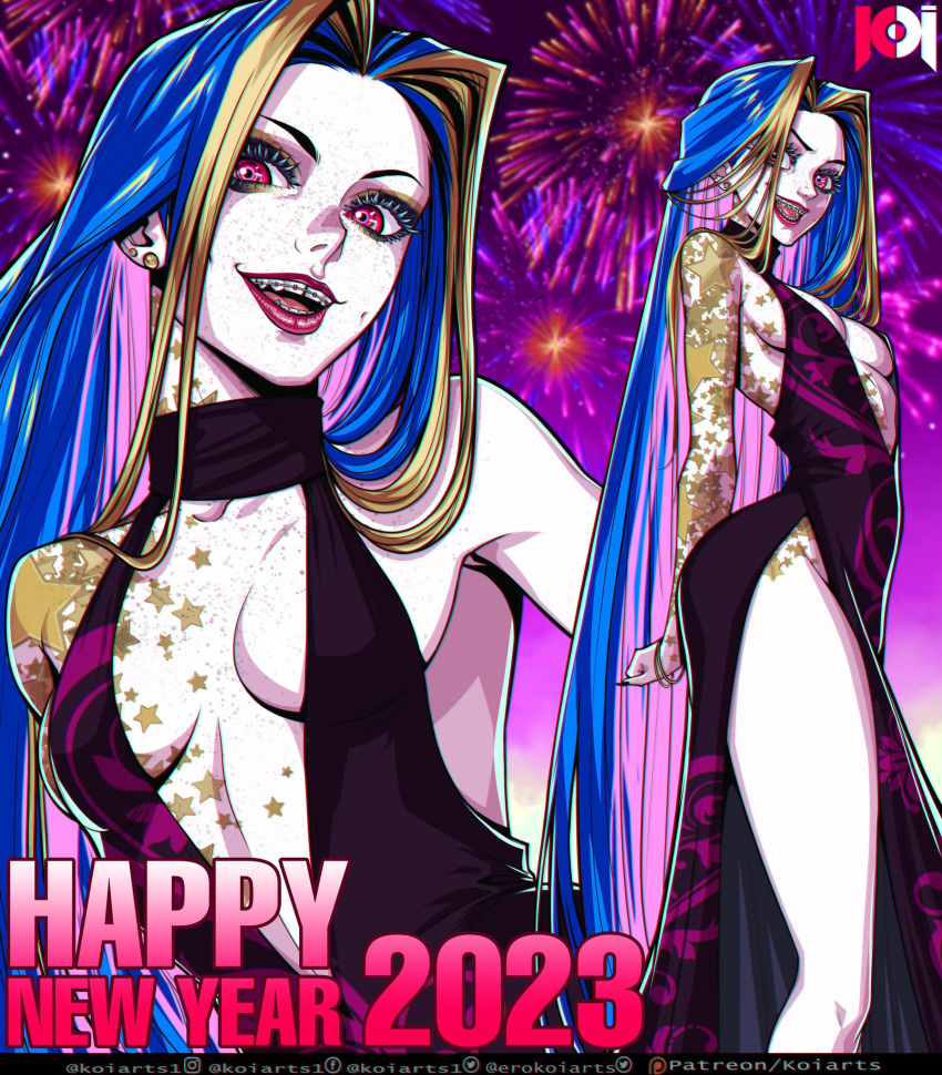 2023 :d arched_back arm_behind_back arm_tattoo bare_shoulders black_dress blonde_hair blue_hair braces breast_tattoo breasts collarbone dress earrings feet_out_of_frame female fireworks freckles happy_new_year highres hip_tattoo jewelry jinx_(league_of_legends) koiarts league_of_legends long_hair medium_breasts multicolored_hair multiple_views no_bra open_mouth pale_skin pink_eyes pink_hair red_lips shoulder_tattoo smile star_tattoo tattoo teeth very_long_hair