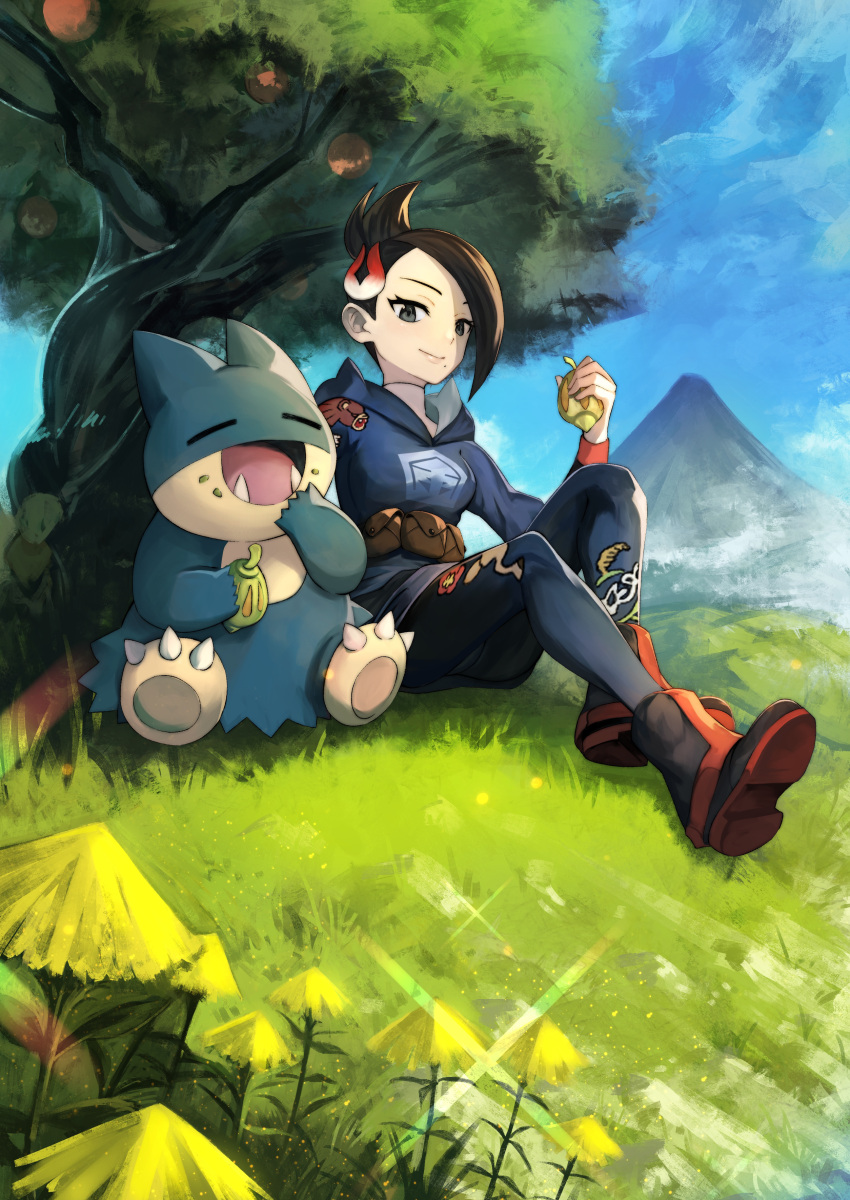 absurdres black_hair boots brown_bag character_print closed_mouth commentary_request day eating eyelashes female food food_on_face grass grey_eyes hair_ornament hand_up highres holding jacket looking_down mai_(pokemon) mole mole_under_mouth munchlax outdoors pantyhose pokemon pokemon_(creature) pokemon_legends:_arceus short_hair sitting skirt smile sparkle teo_(telo_ruka) tree ursaring