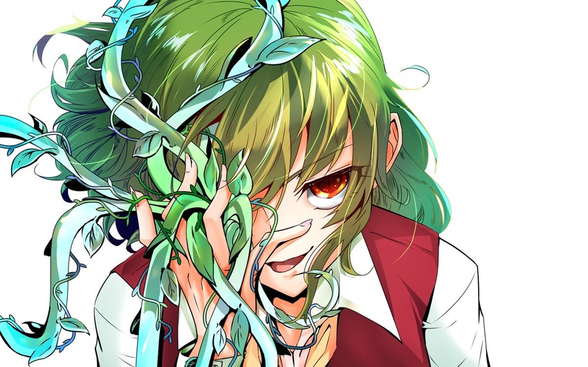 ascot eyebrows_visible_through_hair female green_hair hair_between_eyes image_sample itocoh kazami_yuuka leaf long_sleeves looking_at_viewer medium_hair open_mouth plant portrait red_eyes red_vest shirt smile solo touhou twitter_sample vest vines wavy_hair white_background white_shirt