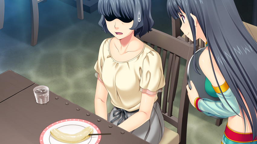 2girls black_eyes black_hair chair character_request food fukami_nagisa game_cg highres koutaro long_hair multiple_girls short_hair table tropical_kiss tropical_vacation twinkle_(company) twinkle_soft