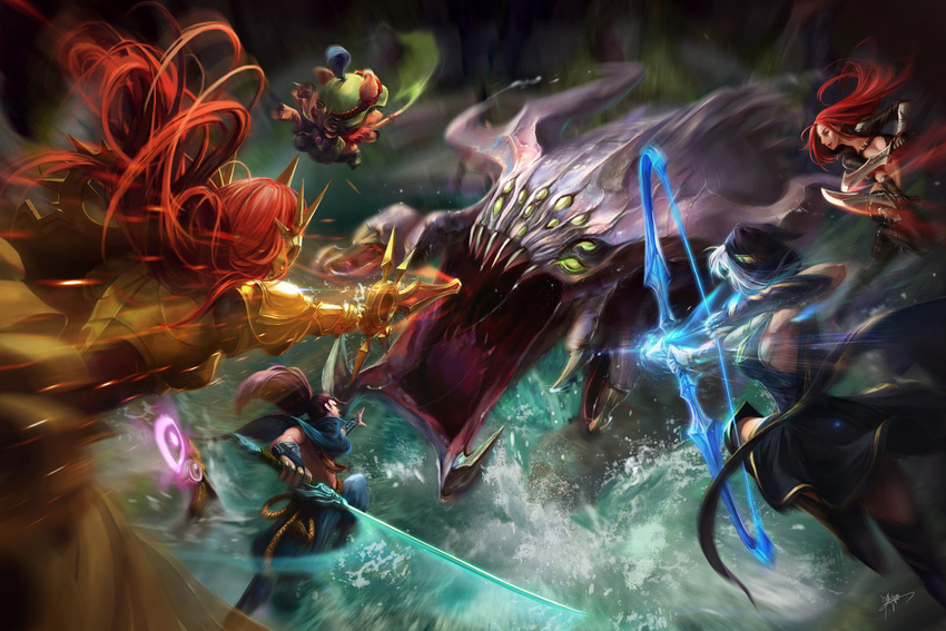 1boy 3girls armor arrow ashe_(league_of_legends) baron_nashor black_hair bow_(weapon) breasts cleavage dagger ear_protection epic extra_eyes fighting green_eyes hat highres hood katana katarina_du_couteau koloromuj large_breasts league_of_legends leona_(league_of_legends) monster mujia_liao multiple_girls open_mouth red_hair sideboob silver_hair solid_eyes sword teemo water waves weapon white_hair yasuo_(league_of_legends) yordle