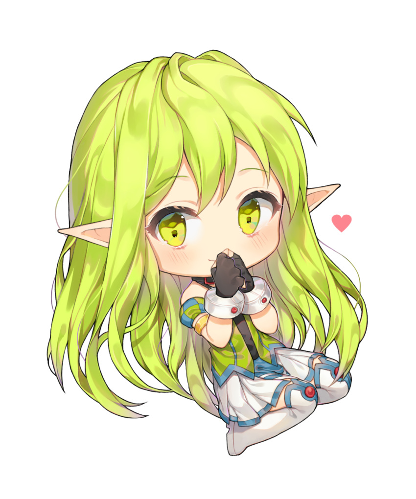 blush bracelet chibi commentary cyg38801 detached_sleeves elf elsword female green_eyes green_hair hand_to_own_mouth heart highres jewelry long_hair pointy_ears rena_erindel solo symbol-only_commentary