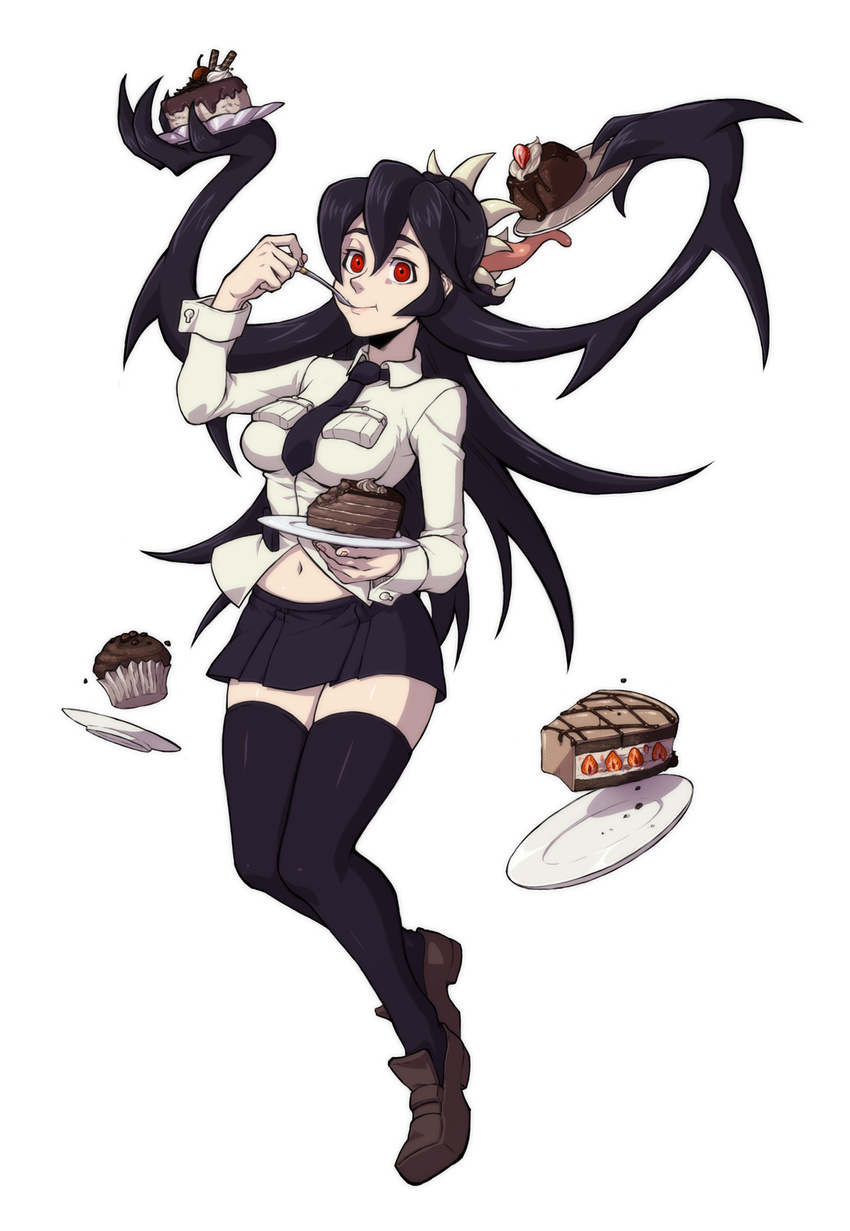 black_hair breasts cake eating female filia_(skullgirls) food futakuchi-onna ganno red_eyes samson_(skullgirls) skirt skullgirls thighhighs tongue